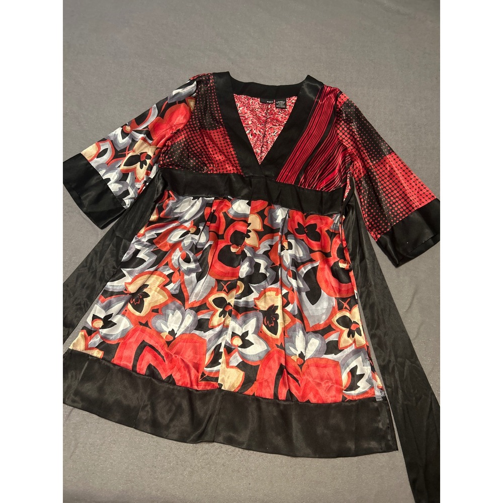 Mixit Womens XL Red Black Floral Satin Empire Waist Tunic Top Kimono Sleeve